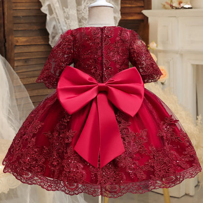 New Years Wedding Princess Dress for Baby Girls Birthday One Year Dress Party Baptism Gala Gown Green Bow Christmas Costume 1-5Y