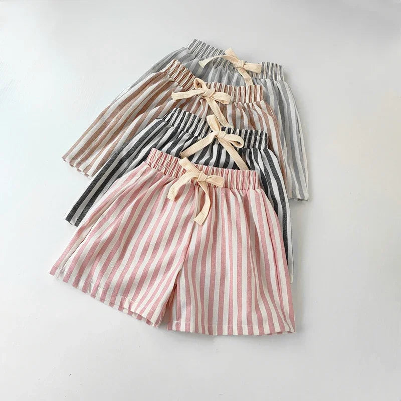 Spring Summer Boys Striped Loose Pants Baby Girl Vintage Casual Linen Cotton Harlan Pants Kids Lace-up Pant Children Clothing