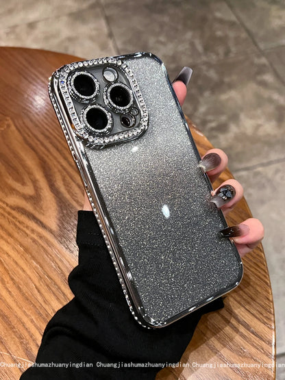 Luxury Plating Diamond Rhinestone Glitter Case For iPhone 11 12 13 14 15 16 Pro Max Plus Transparent Bling Soft Silicone Cover