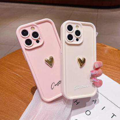 3D Gold Love Heart Personalized Custom Name Case For iPhone 16 15 14 13 12 11 Pro Max X XS XR 7 8 Plus Silicone Candy DIY Cover