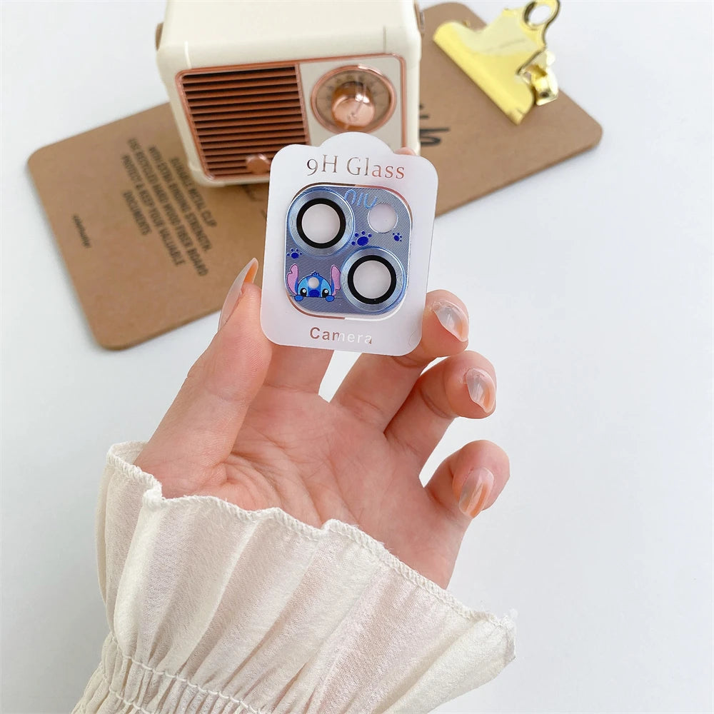 3D Metal Camera Lens Glass Protector for iPhone 11 12 13 Mini 14 Plus 15 Pro Max Kitty Cinnamorollll Mickeyy Stitchh Duffy