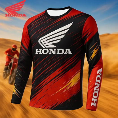 Red and black Honda jersey with a desert and motorcycle rider in the background