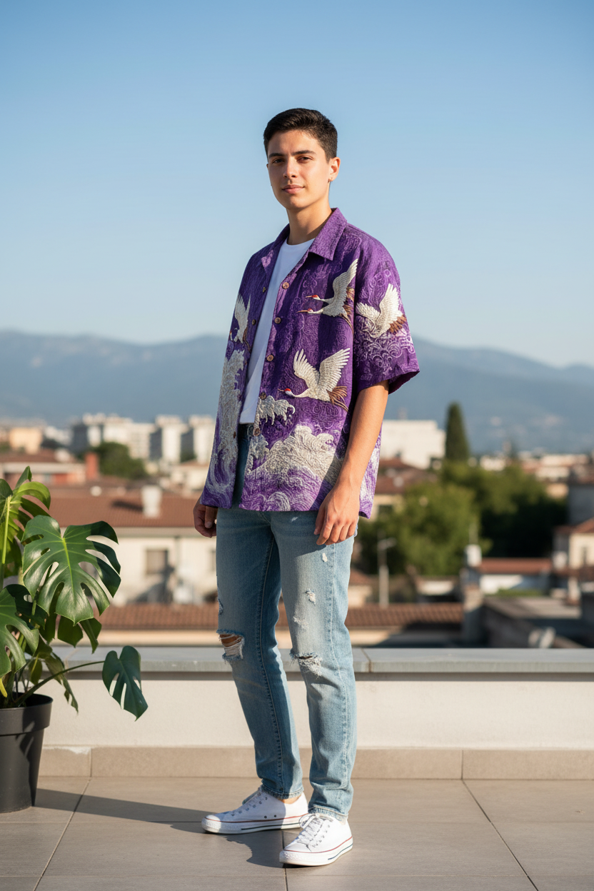 A young man stands on a rooftop terrace wearing a purple short-sleeve button-up shirt with a white bird print, light-wash distressed jeans, and white sneakers, with a cityscape and mountains in the background.