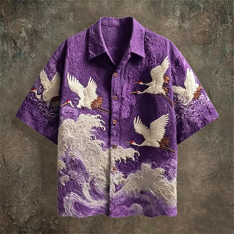 Purple shirt with crane and wave design on a textured brown background