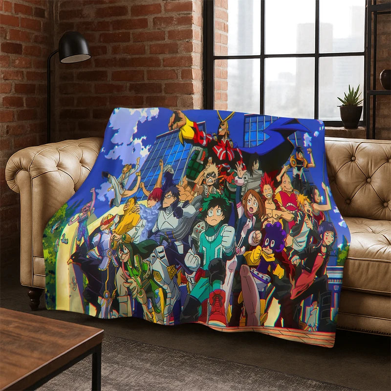 A colorful anime group-print throw blanket draped over a tan leather sofa in a living room with a brick wall, window, and floor lamp.