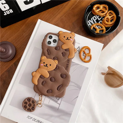Cute Cartoon Cookie Bear Lanyard Phone Case For iPhone 16 15 14 13 12 11 Pro Max X XR XS 6 7 8 Plus Shockproof Protective Cover