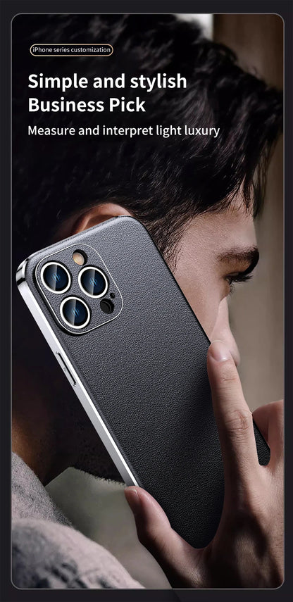 Genuine Cowhide Leather Phone Case for iPhone 16 15 11 12 13 14 Pro Max Luxury Plating Shockproof Lens Protection Back Cover