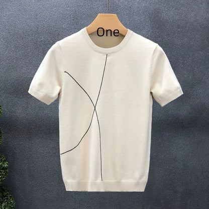 Men's Slim Fit Ice Silk Knitted T-shirt High Quality Cotton Blend Casual Streetwear Short Sleeves T Shirt For Men
