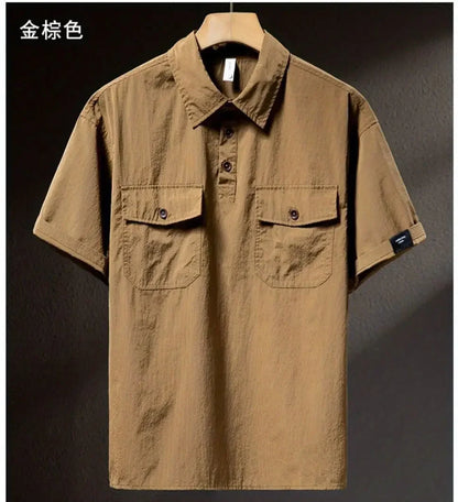 Summer Ice Silk American High-end Workwear Short-sleeved Shirt Men’s Gray British Trendy Retro Loose T-shirt Polo Shirt