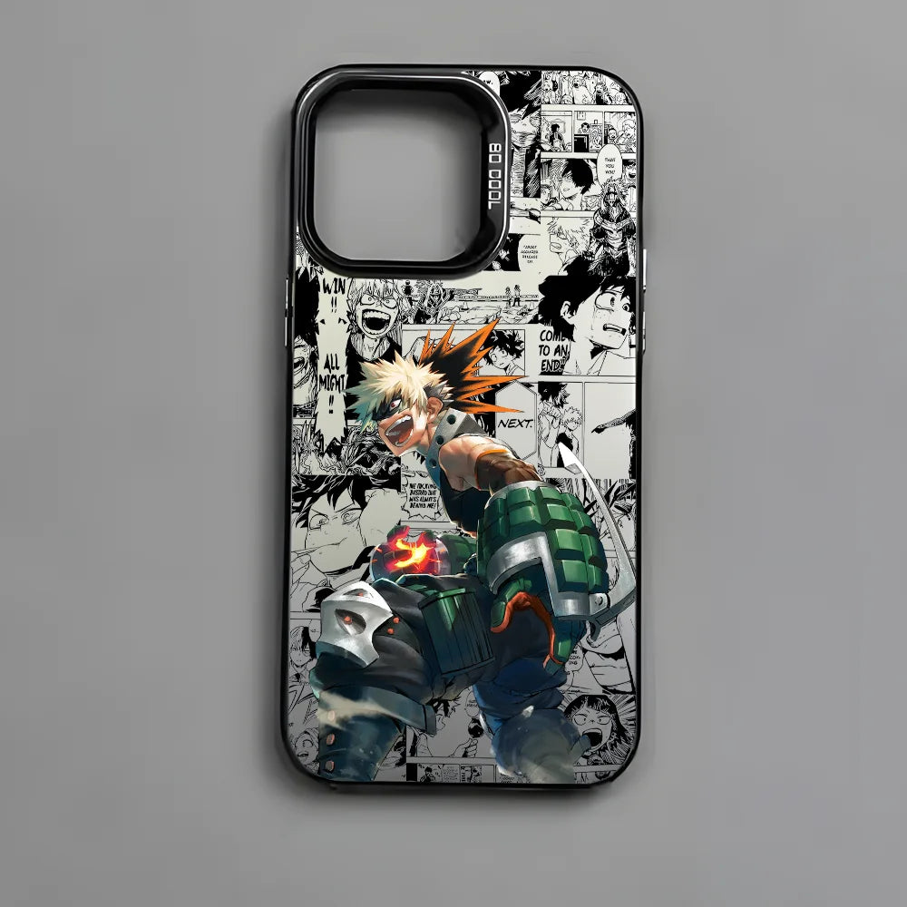 Katsuki Bakugo Anime Phone Case for iPhone 16 15 14 13 12 11 Pro Max - Black Matte Multicolor Laser Metallic Aurora Cover