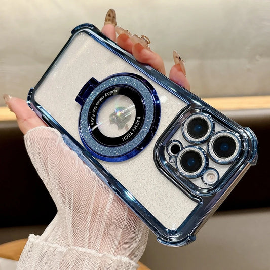 Double Bling Glitter Magsafe Bracket Case for iPhone 16 Pro Max Plus Transparent Plating Cover for iPhone 13 12 11 14 15 Pro Max