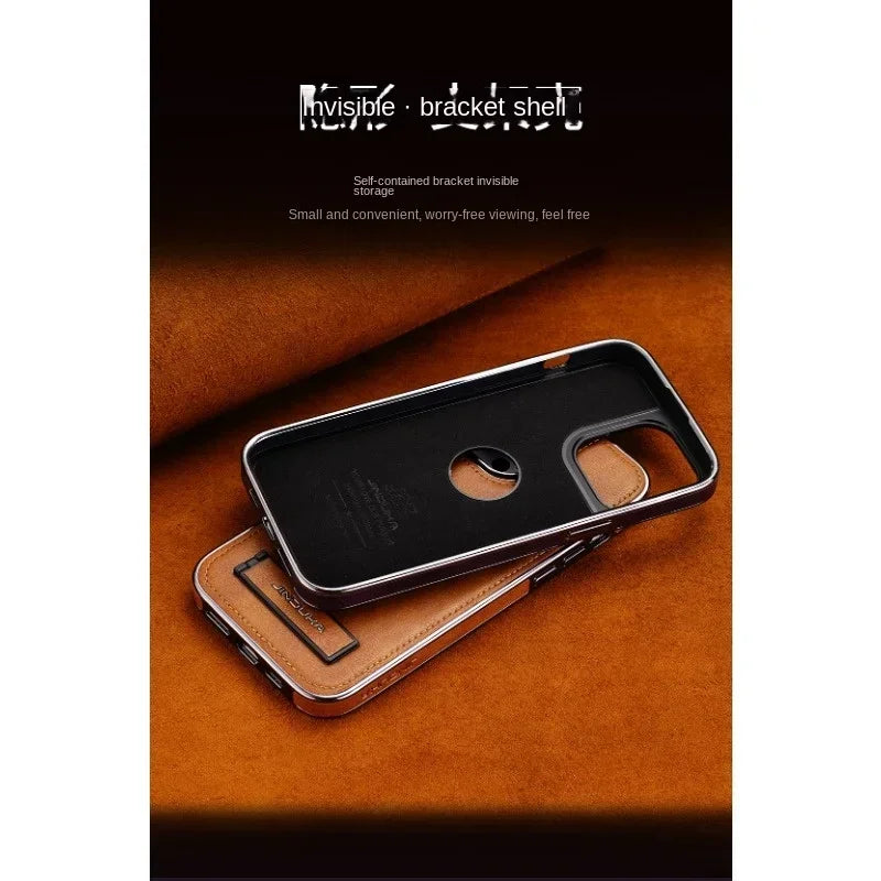 Invisible Fold Stand Phone Case with Electroplated Bezel for iPhone 16 15 14 Plus 13 12 11 Pro Max Ultra Thin PU Leather Cover