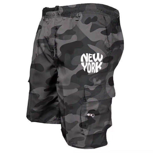 Men New York Print Short Shorts Loose Beach Cargo Shorts and Hiking Shorts Overalls Men's Bottoms Drawstring Trousers