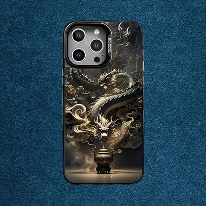 Luxury Dragon Embossed Phone Case For iPhone 16,15,14,13,12,11,Mini,Pro,E,MAX Gray Matte Silicone Black Cover