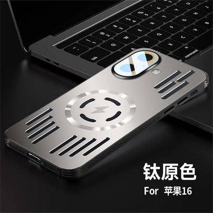A metallic silver phone case with a circular magnetic ring and vented slots, shown resting on a black laptop keyboard. Chinese text in the bottom right corner reads '钛原色 For 苹果16'.