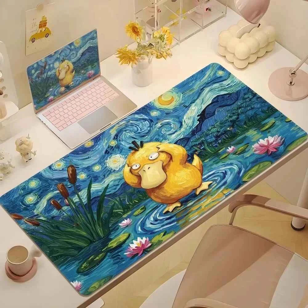 Cute Psyduck Gaming Leather Mouse Pad PC Pikachu Large Size Gamer Keyboard Pokemon Desktop Mouse Mat Starry Night Tablecloth