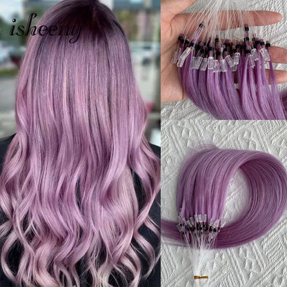 Micro Loop Ring Link Hair 100% Human Hair Extensions Real Remy Fancy Color 12-20 inches Striaght Purple Hair Extensions isheeny