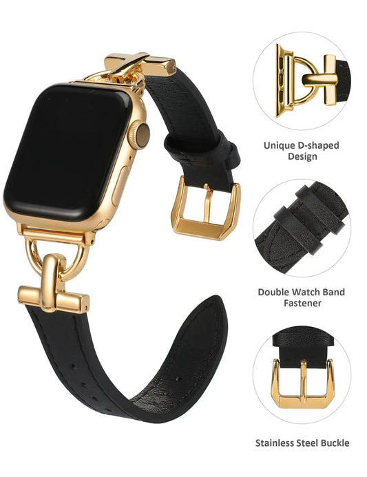 Wearlizer Luxury Leather Band for Apple Watch Women 41mm 40mm 38mm D Shaped Strap for iWatch Series 9 8 7 6 5 4 3 2 1 SE