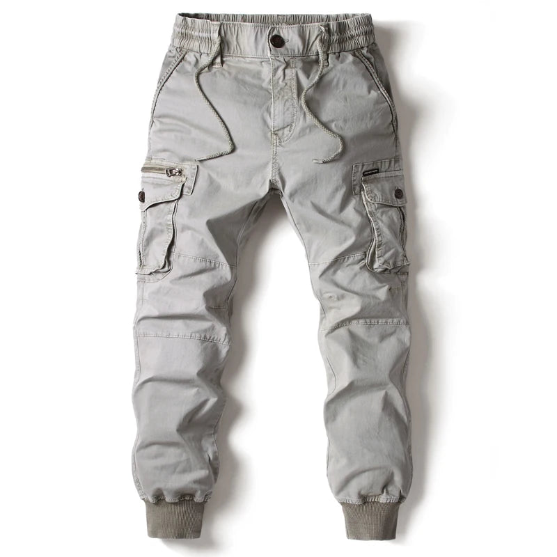 New Cotton Men’s Cargo Pants in Khaki, Black, Army, and Light Gray. Casual Tactical Joggers with Multi-Pockets for Fashion and Work Wear.
