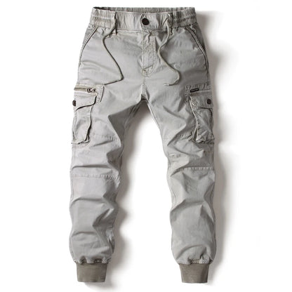 New Cotton Men’s Cargo Pants in Khaki, Black, Army, and Light Gray. Casual Tactical Joggers with Multi-Pockets for Fashion and Work Wear.