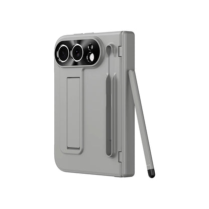 A light gray rugged protective case for a foldable smartphone, shown from the back with a vertical stand and stylus attached, on a plain white background.