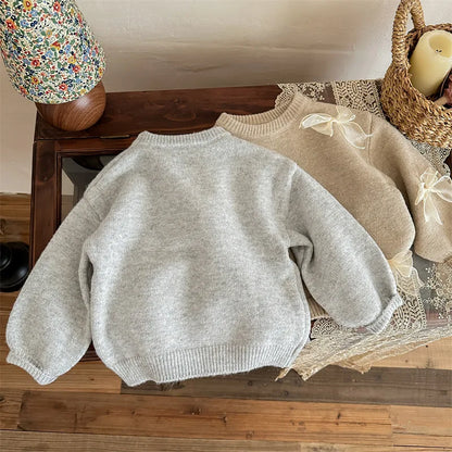 Korean Girls Solid Color Sweaters Cute Bow Children Clothing Autumn Winter Baby Kids Sweet Princess Knitted Sweater 1-10Y