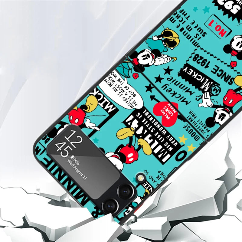 Phone Case For Samsung Galaxy Z Flip 3 4 5G Luxury PC Black Hard Cover ZFlip3 ZFlip4 Fall Prevention Shell Mickeyy💙💙Mouse