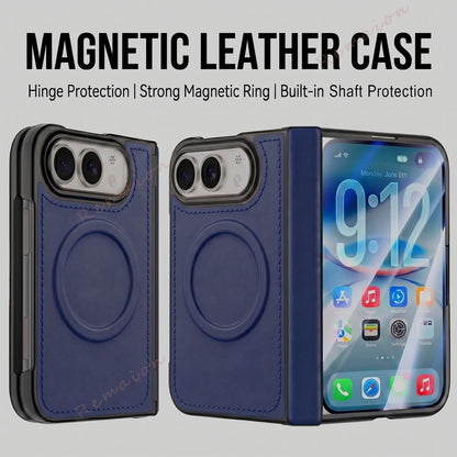 A dark blue magnetic leather phone case shown from multiple angles on a light gray background, with text at the top reading 'MAGNETIC LEATHER CASE' and feature callouts including hinge protection and magnetic ring.