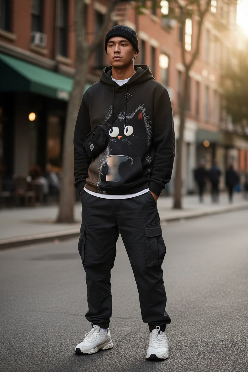 A man stands on a city street wearing a black graphic hoodie with a large cartoon cat holding a coffee cup, black cargo pants, a black beanie, and white sneakers.