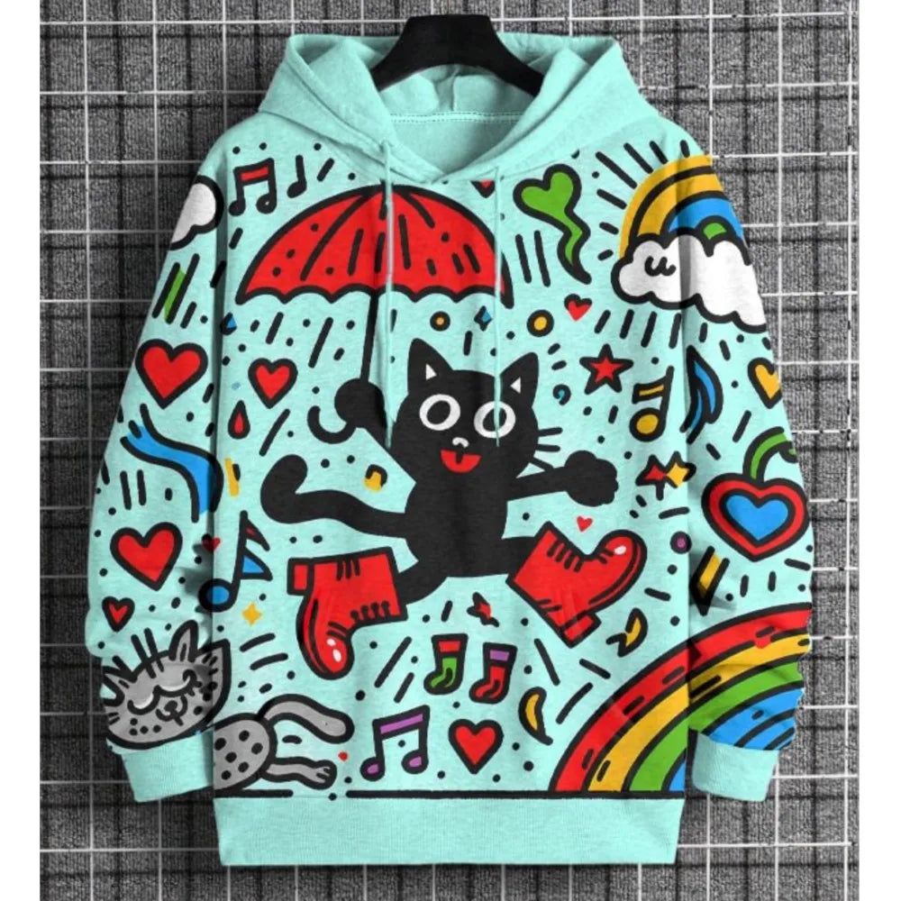 A light aqua pullover hoodie with a colorful cartoon print featuring a black cat under a red umbrella, hearts, raindrops, rain boots, stars, and rainbows, hanging on a black hanger against a gray grid background.