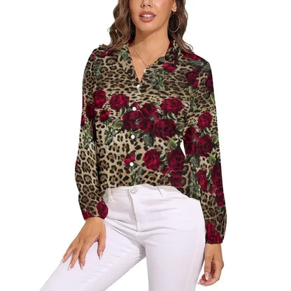 Red Roses Blouse Ladies Shirts Floral Print Retro Pattern Blouses Woman Casual Loose Shirts Spring Summer Long Sleeve Blouses