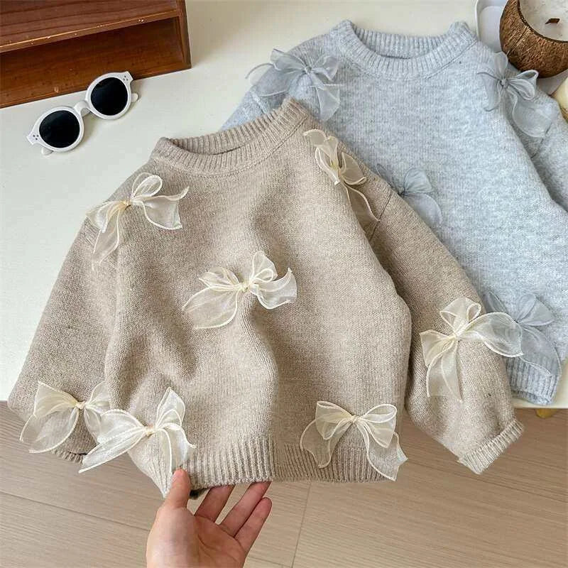 Korean Girls Solid Color Sweaters Cute Bow Children Clothing Autumn Winter Baby Kids Sweet Princess Knitted Sweater 1-10Y