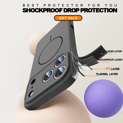 A dark gray protective phone case with a camera cutout and magnetic ring design, shown on a phone with layered graphics explaining its shockproof and liquid protection. The image includes text overlays and a purple ball graphic on a light beige background.