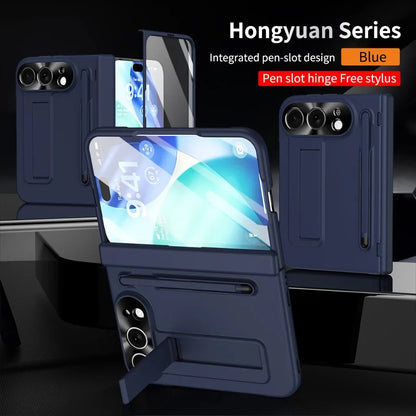 A dark blue protective phone case shown in multiple views, including a phone inserted into the back. The image includes text overlays reading 'Hongyuan Series' and 'Integrated pen-slot design Blue Pen slot hinge Free stylus'.