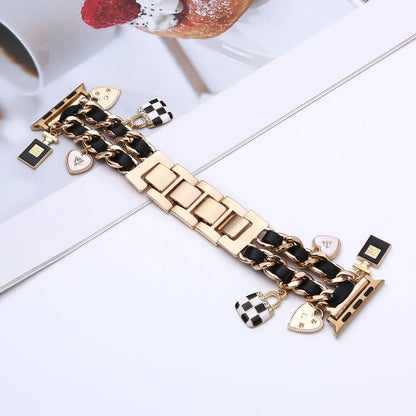Metal+Leather Strap For Apple Watch Series 9 8 7 6 5 4 se Women Cute Bracelet For iWatch 41mm 45mm 38mm 40 42mm 44mm Luxury Band