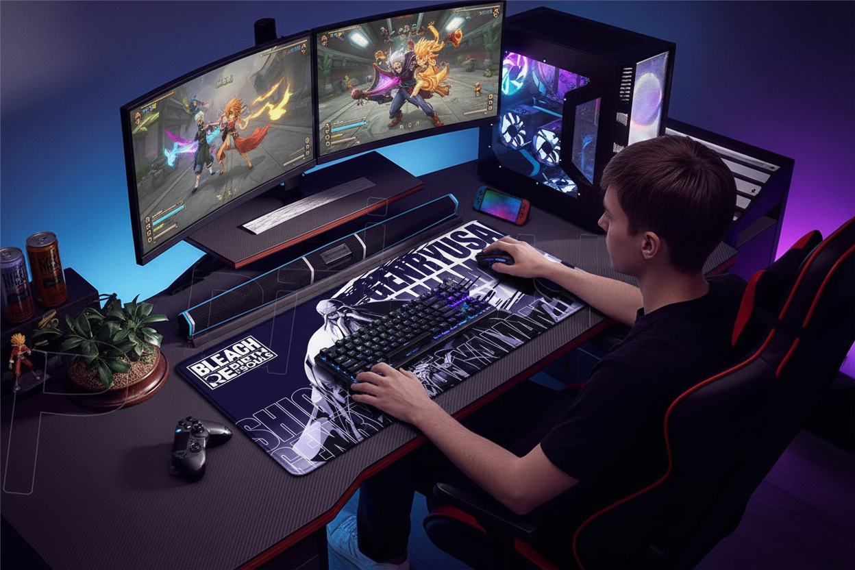 Person playing a video game on a computer setup with multiple monitors and gaming accessories.