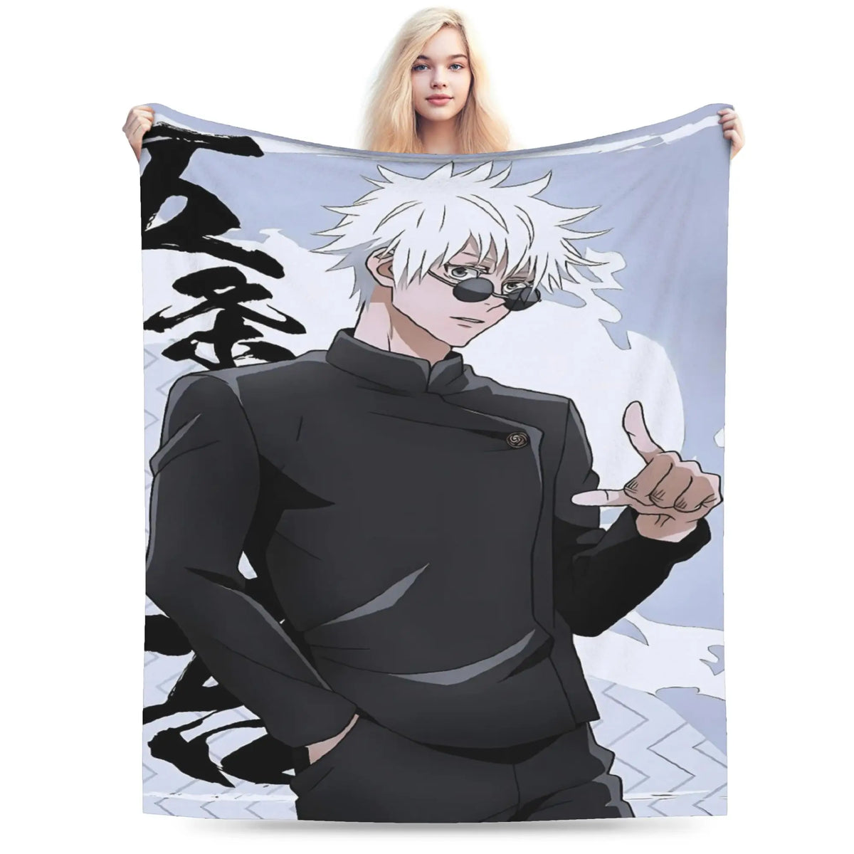A woman holds up a large printed blanket or tapestry featuring an anime character with white hair, black clothing, and black calligraphic elements on a pale blue and white background. The product is shown against a plain white studio background.