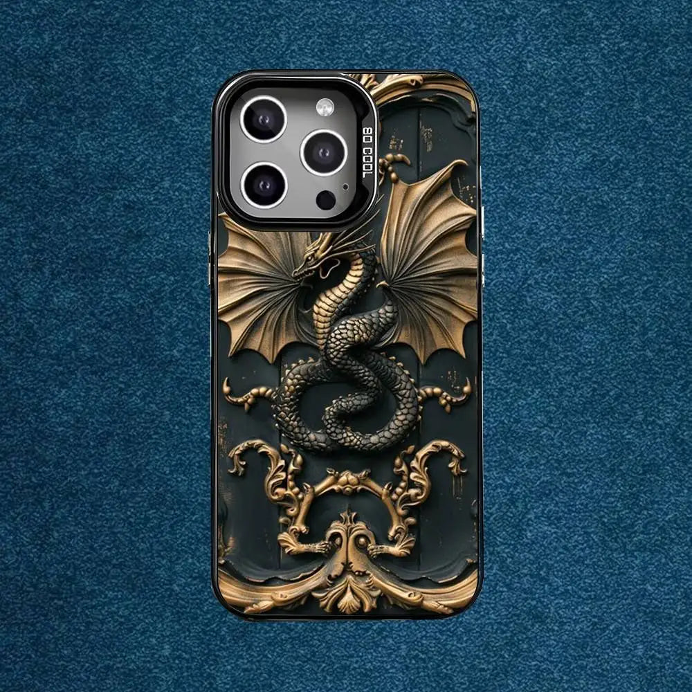 Luxury Dragon Embossed Phone Case For iPhone 16,15,14,13,12,11,Mini,Pro,E,MAX Gray Matte Silicone Black Cover
