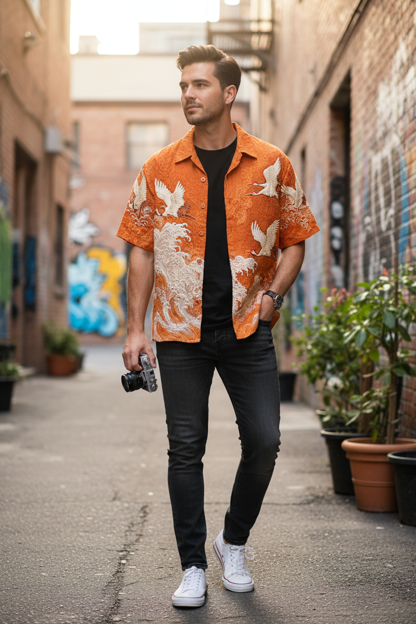 A man walking down an urban alley wearing a bright orange short-sleeve button-up shirt with a white bird pattern, a black t-shirt, black jeans, and white sneakers.