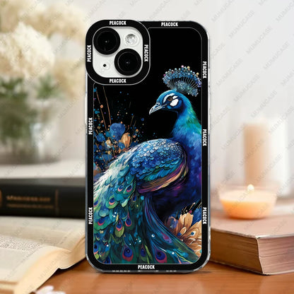 Case For iPhone 16 15 14 13 Pro Max 12 Mini 11 XS X XR SE 7 8 Plus Soft Cover Peacock Pattern