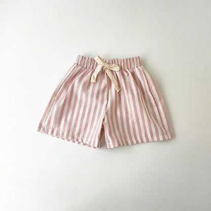 Spring Summer Boys Striped Loose Pants Baby Girl Vintage Casual Linen Cotton Harlan Pants Kids Lace-up Pant Children Clothing