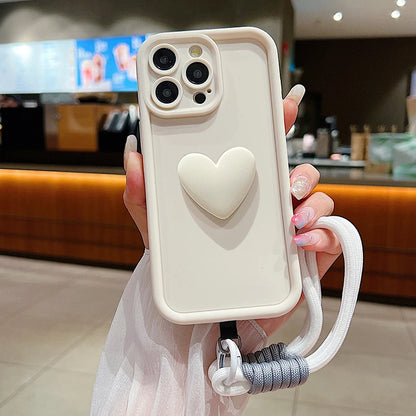 Luxury 3D Love Heart Matte Soft Lanyard Rope Phone Case For iPhone 16 15 14 13 12 11 Pro Max X XS XR 7 8 Plus Shockproof Cover