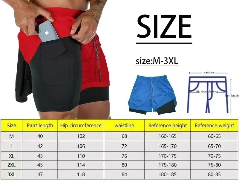 Men's 2-in-1 sports shorts, running quick drying shorts, gym and fitness training, double layered mens shorts