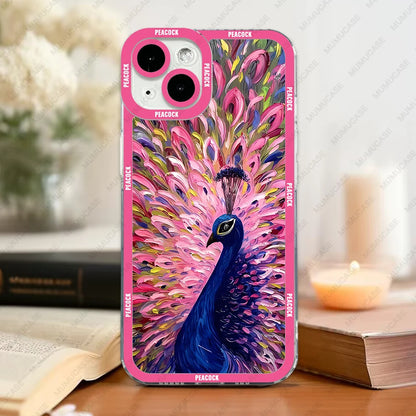 Case For iPhone 16 15 14 13 Pro Max 12 Mini 11 XS X XR SE 7 8 Plus Soft Cover Peacock Pattern
