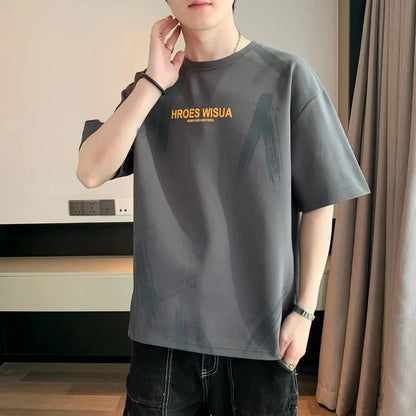 2025 Summer New Men's Short Sleeve T-Shirt Hong Kong Style Loose Fit Versatile Ice Silk Thin Clothing Youth Trendy