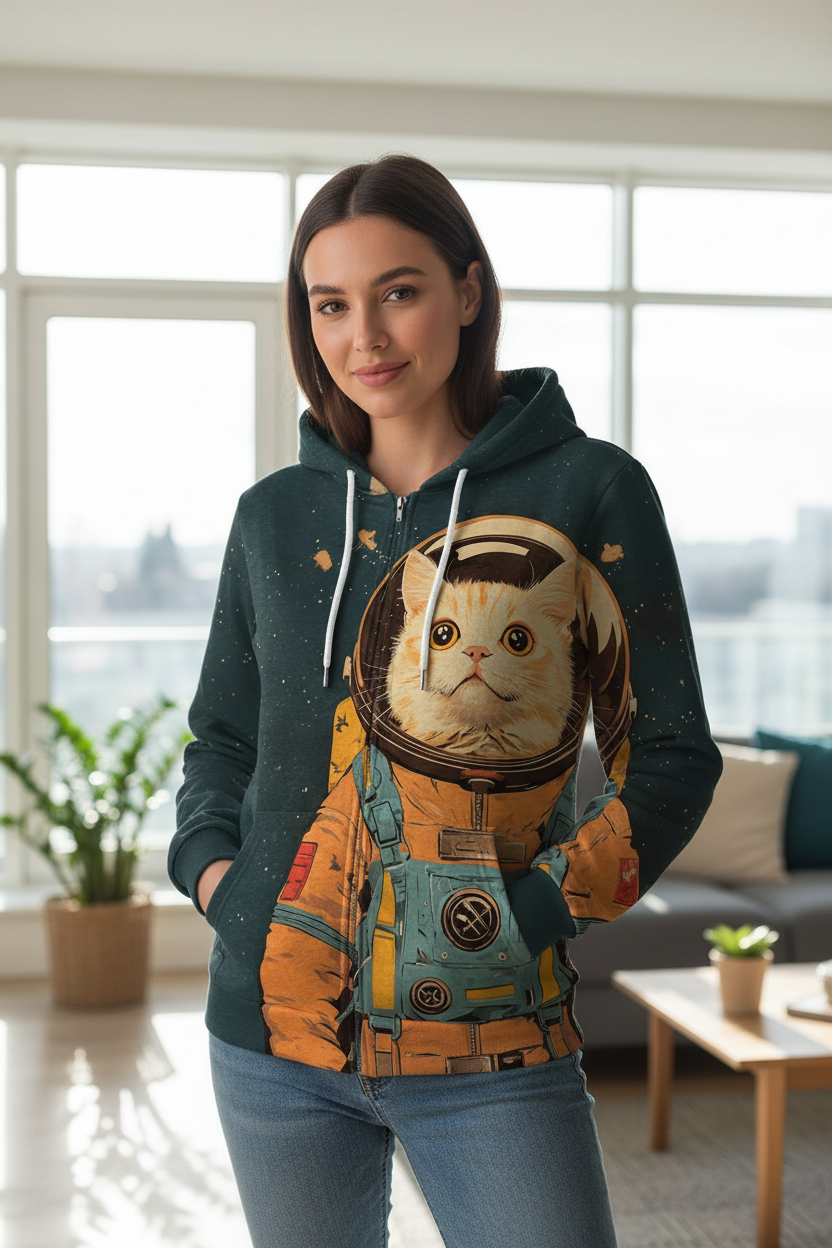 A woman wearing a dark teal hoodie with a large graphic print of a cat in an astronaut space suit, standing in a bright, modern living room.