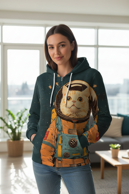 A woman wearing a dark teal hoodie with a large graphic print of a cat in an astronaut space suit, standing in a bright, modern living room.