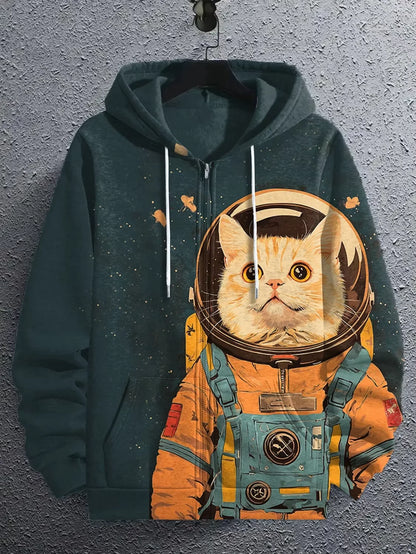Hoodie with a cat in an astronaut suit design on a gray background