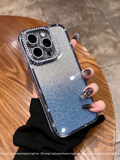 Luxury Plating Diamond Rhinestone Glitter Case For iPhone 11 12 13 14 15 16 Pro Max Plus Transparent Bling Soft Silicone Cover