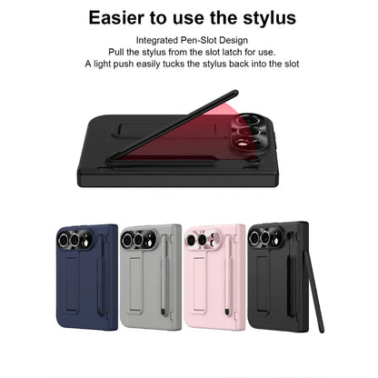 A phone case with an integrated stylus pen shown in a black version with a red translucent insert, plus four smaller color variants in navy, gray, pink, and black at the bottom. Text at the top explains the stylus pull-and-release design.